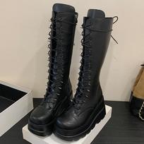 Fashion Wedge-heeled Mid-tube Boots Ladies Gothic Style Thick-soled Motorcycle Knight Boots Slim High Platform Cowboy Boots 35