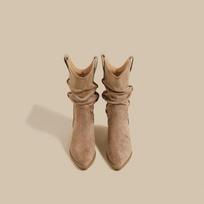 2025 autumn and winter new thick-heeled Martin boots women's retro wasteland wind pleated medium boots high-heeled suede knight boots 35