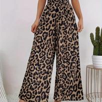 Summer Temperament Leopard Print Casual Pants with Women's Print Elastic Waistband Sagging Feelin Wide Leg Pants XS