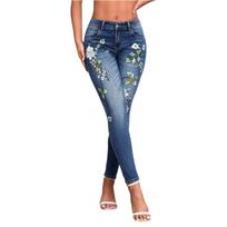 Women Skinny Fit Stretch Denim Jeans with Floral Embroidery High Waist Five Pocket Design Zipper Fly Closure L