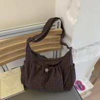 Women Simple Plaid Nylon Pleated Cloud Tote Bag With Zipper Versatile Crossbody Shoulder Handbag For Commuter