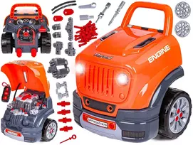 Mechaniko žaislų rinkinys su oranžiniu džipu ir 61 detale