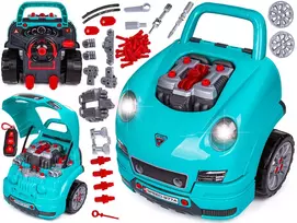 Mechaniko rinkinys su mėlynu sportiniu Porsche automobiliu ir 61 detale