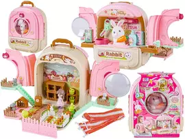 Žaislas 3in1 mini ūkis su triušiu ir lėlių nameliu kuprinėje