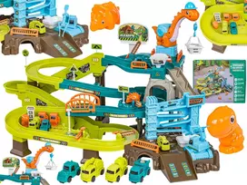 Žaislinė automobilių trasa su dinozaurų tema ir garažu