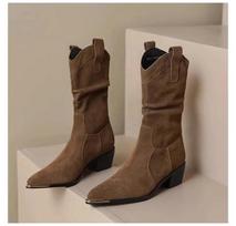 Fashion Boots for Women High Quality Suede Casual Boots Temperament Pointed Toe Mid-calf Booties Retro Cowboy Boots Botas Mujer 35
