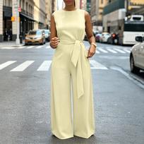 Womens Sleeveless Jumpsuit Wide Leg Casual Solid Color Round Neck Belted Waist Tie One Piece Romper L