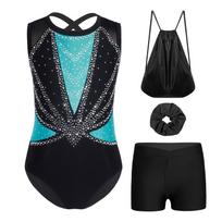 Girls Sleeveless Crisscross Back Metallic Leotard Color Block Rhinestones Gymnastics Dance Set Shorts Hairband Drawstring Backpack 5-6 Years