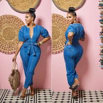 Women's Washed Blue Denim Jumpsuit - Fashionable One-Piece Long Pants 2XL