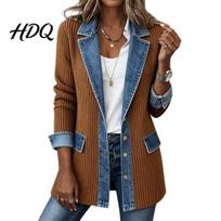 Loose Fit Layering Women Denim Patchwork Jacket Fall Winter Collared Button Long Comfortable Jacket Sleeve Jean Blazer Coat for Daily Office Wear XL