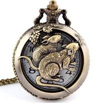 Retro Bronze Hollow Chinese Zodiac Quartz Fob Pocket Watch With Necklace Chain rat