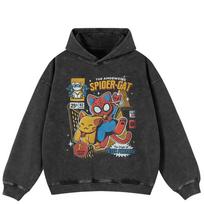 Streetwear Spider Cat Graphic  Side Pockets Pullover Unisex Oversized Washed Black Hoodie S