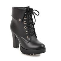 FOREADA Women Ankle Boots Round Toe Platform Thick High Heels Lace-Up Short Boot Ladies Fashion Shoes Autumn Winter White 43 35