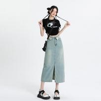 Collar Tiled Letter Embroidered Denim Skirt for Women In Summer Latest Front Slit Slim Denim Skirt S