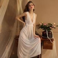 Sexy Mesh Wide Strap Long Nightgown Lace Trim Elegant Cami Pajamas Women's Loungewear 419 Comfortable Flattering Sleepwear with Chic Strap Design S