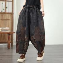 Retro Tie-Dye Plus Size Patchwork Denim Dad Pants with Elastic Waist Medium