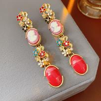 1/2 Pcs Vintage Oval Resin Earrings Colorful Flower Portrait Rhinestone Necklace Versatile Women's Fashion Jewelry Set Banquet N