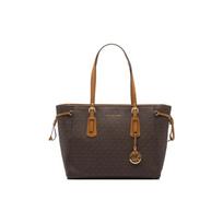 MICHAEL KORS petinė rankinė Voyager Spalvų blokas Presbiopijos logotipas Spausdintas Totas Totas Pirkinių drobė ir medvilnė Moteriška Tamsiai ruda ir Gili riešutmedžio ruda ruda