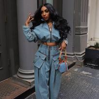 Spring and Autumn Women's Denim Suit Fashion Retro Wide-leg Loose Two-piece Women's Clothing S