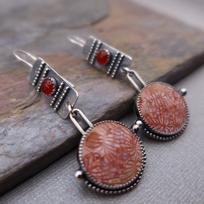 Ethnic Round Orange Resin Enamel Earrings for Women Tribal  Antique Metal Red Stone Dangle Earrings