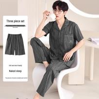 Men's Summer Short Sleeve & Long Pants 3-Piece Plus Size Set - Lightweight Cool Home Wear 2XL