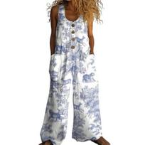 Women's Floral Printed Wide Leg Jumpsuit Sleeveless Button Front Romper Summer Casual Loose Overall with Pockets XXXL
