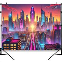 Futuristic Neon Sunset City Backdrop, Cyberpunk Aesthetic Background 47.2x31.5inch/120*80cm beige
