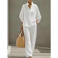 Women's Mandarin Collar Half Sleeve Button Up Shirt and Wide Leg Pants Casual Loungewear Set S balta