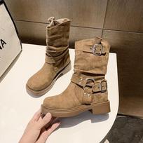 Fashion Vintage Thick Heel Women Western Cowboy Boots Autumn Winter Ladies Shoes Belt Buckle Elegant Mid Calf Booties 35