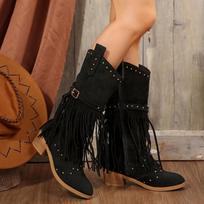 Fashion Large size tassel high boots women  autumn and winter new thick heel rivets fashion motorcycle boots women 35