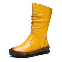 Fashion GKTINOO 2025 Women's Boots Autumn Leather Handmade Retro Mid-Calf Boots Flat Shoes Genuine Leather Boots for Women Plus Size 43 5