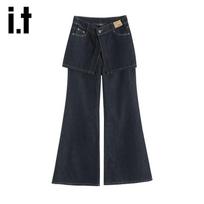 izzue it Women's Layered Faux Skirt Wide-Leg Jeans L