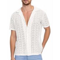 Men's Lace Short-sleeved Shirt With See-through Buttons, Holiday Casual Hollowed-out Top L