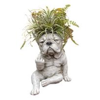 Bulldog Dog Planter Funny Middle Finger Dog Resin Flower Pot Cute Animal Shaped Plant Pot for Home Office Desk Garden A