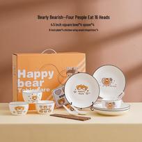 SHUNJU Cute Bear 16-Piece Ceramic Tableware Set for 4