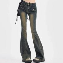 Woman High Waist Elastic Spliced Wide Leg Jeans Female Vintage Slim Fit Flare Pants Lady Blue Black Grey Denim Trousers Big Size XS
