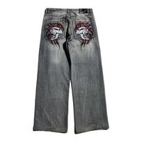 Y2k Gothic Heavy Industry Pocket Skull Embroidery Mid Rise Harajuku Streetwear Punk Casual Wide Leg Washed Jeans S