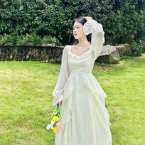 Vintažinė fėjų šifono ilga suknelė moteriška balta elegantiška prancūziška vakarėliui skirta midi suknelė pūstomis rankovėmis, laisvalaikio moteriški drabužiai S