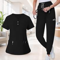 Women's Uniform Scrub Set - Quick-Dry V-Neck Short Sleeve Top with Pockets and Long Pants, Color L juoda