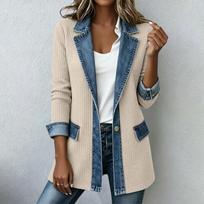 Women's Casual Denim Patchwork Knit Jacket with Lapel Collar for Everyday Wear S