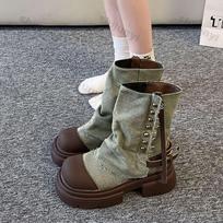 Women Boots British Fashion  Rivet Zipper Pants Leg Boots New Thick Soled Belt Buckle Platform Anti Slip Cowboy Short Boots 35