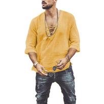 Men's Casual Cotton Linen Shirt Lace Up Tee Half Sleeve V Neck Shirts Bohemian Vintage Beach L geltona