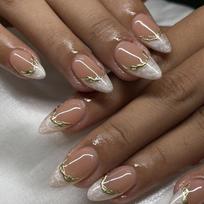 24pcs Glossy White French Tip Almond Press On Nail with Stylish 3D Gold Line Artificial Fingernails for Women 1