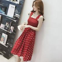 Spring and summer new Korean version small fresh mid-length suspender polka dot thin back sweet vest chiffon dress S