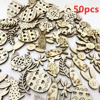 Hot Sale 50pcs Mix Shape Easter Wooden Wood Hanging Pendant  Party Supplies Craft DIY Ornament Hanging Tag Happy Easter Decor