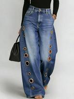Women’s Solid-colour Loose-fit Denim Trousers with Metal Studs for Spring Summer S