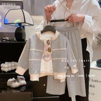 Autumn Winter Girl Set Bow Solid Color Baby Set Coat Jacket +pants Medium and Big Kids Two-Piece Suit 90 pilka