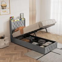 Viengulė lova 90 x 200 cm su hidrauline saugykla, lovos rėmas su grotelių pagrindu - aksominė, pilka