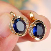 Trendy Crystal Blue Zircon Oval Stone Hoop Earrings For Women Vintage Gold Color Wedding