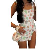 Women's Sequin Floral Print Square Neck Wide Strap Side Slit Mini Dress S